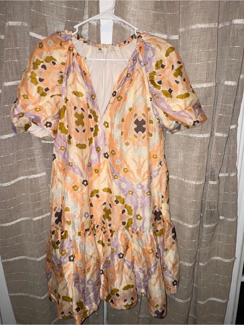 Marie Oliver Peach & Lavender Floral Puff-Sleeve Mini Dress